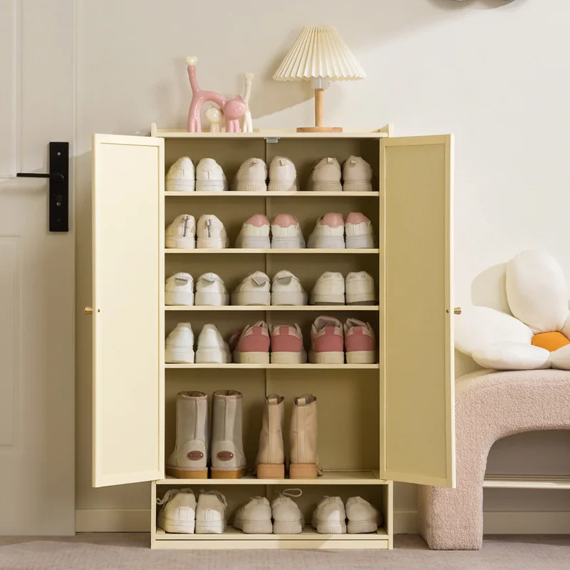

Cream style shoe cabinet Solid wood household door wabi-sabi style foyer cabinet Modern simple large-capacity balcony locker