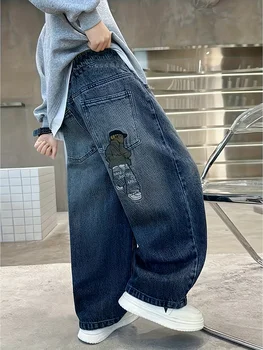 Boys Embroidered Straight Jeans 4 Boy's Loose-Fit Trendy Rear Pocket Embroidered Design Denim Straight-Leg Pants, Comfortable Stretch Elastic Waist. 4