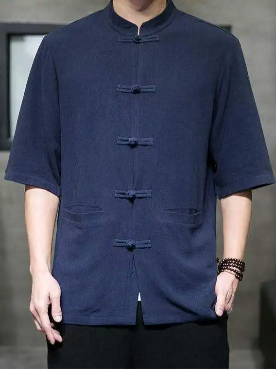 

Casual Cotton Linen ort Sve irt Men's Five Sve Tang Costume Chinese Sle Youth Trendy Button down irt Autumn Wear