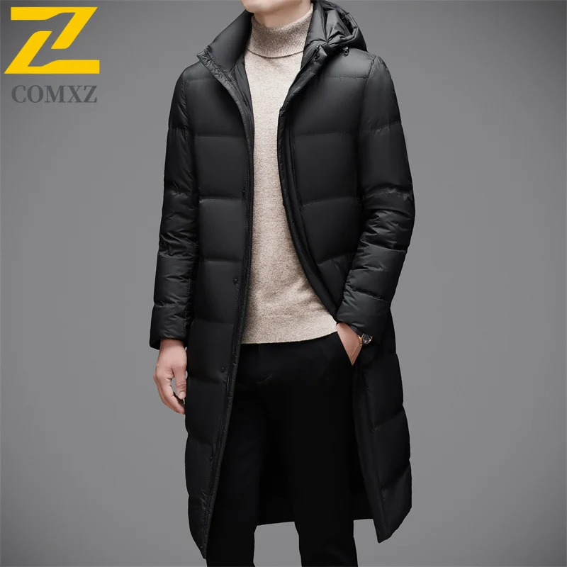 COMXZ Mens Long Down Jacket Casual Hooded Commute Office Lightweight Puffer Jackets Fashion Travel Knee Length Warm Winter Parka