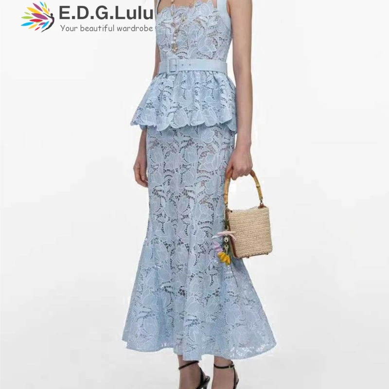 EDGLuLu Vintage Hollow Lace Embroidery Flower Two-Piece Set Square Collar Camisole Top+High Waist Mermaid Skirt Suit 0828