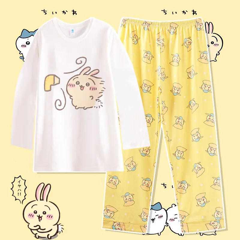 Chiikawa-Ensemble de pyjama en coton à manches longues pour filles, vêtements de nuit animés, vêtements de nuit animés imbibés, vêtements de nuit mignons, cadeau Hachiware Usagi, FjHomewear de dessin animé