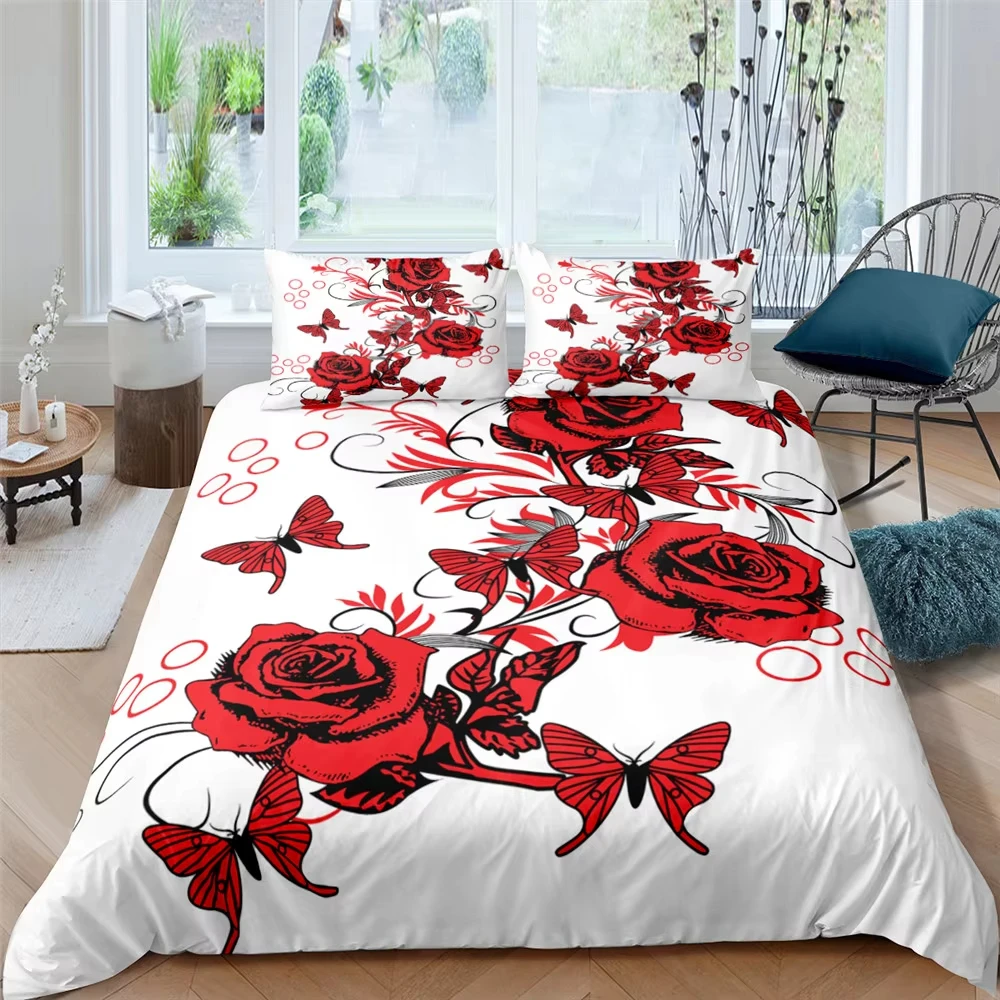 Red Rose Duvet Cover Romantic Blossom Flower Bedding Set 3D Roses Comforter Cover for Girls,Couple Wedding Valentines Day Gift