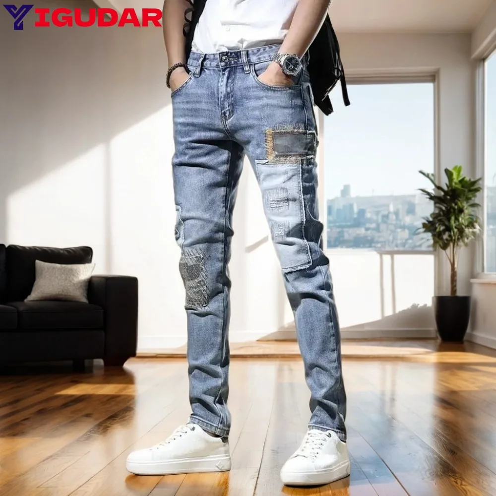 

Hip Hop Streetwear Fashion Versatile Frayed Patch Jeans Men Autumn Casual Cotton Stretch Denim Pants Slim Distressed Trousers