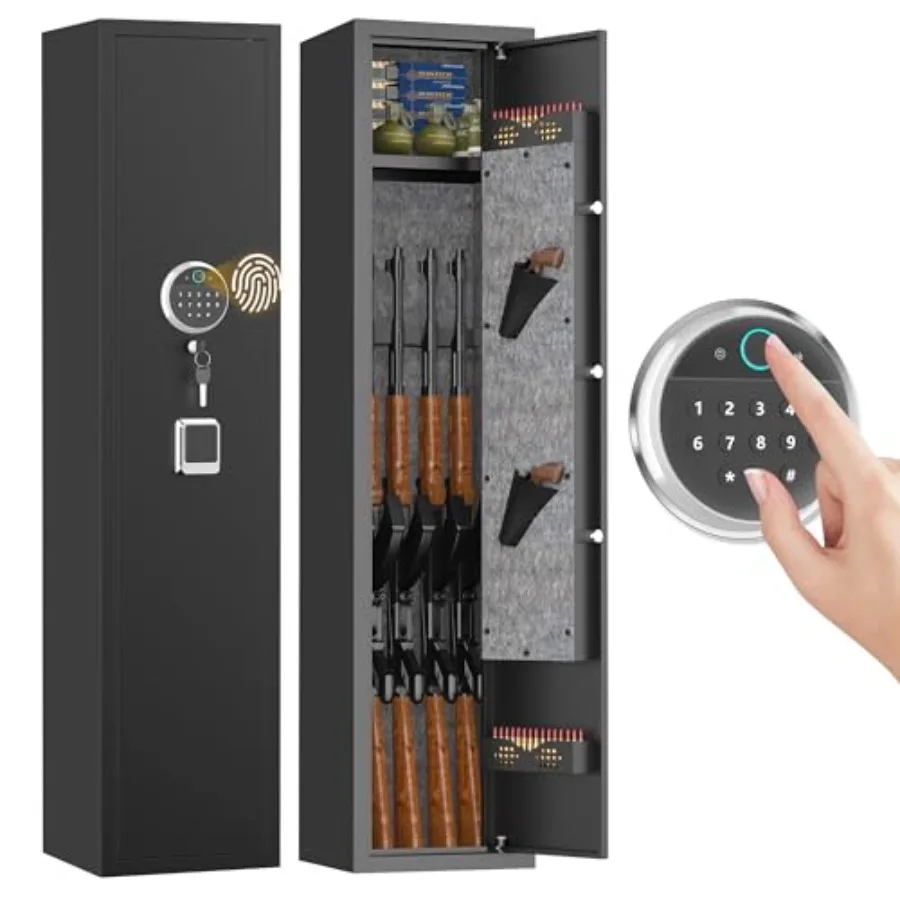 

Home security safe for rifles and pistols, steel construction, black, fingerprint and keypad lock with alarm, no assembly requi