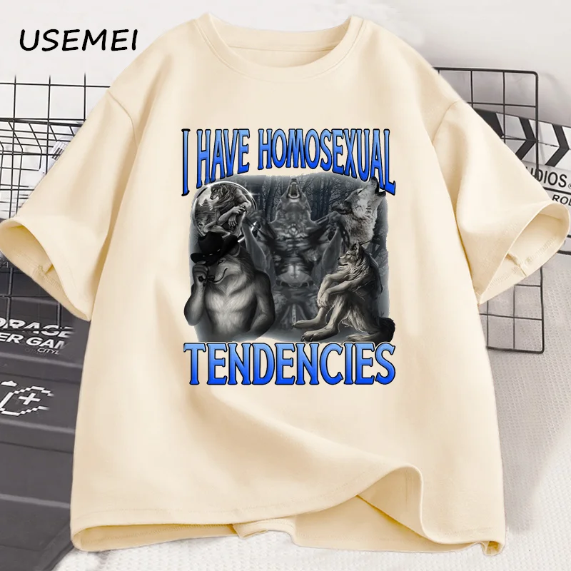 Funny Ironic Meme Vintage Tshirt I Have Homosexual Tendencies Wolf Graphic T Shirts Humorous Pride Lgbtq Trendy T-shirt Clothes