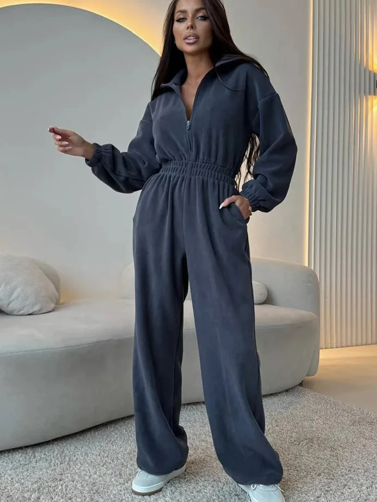 FSMG Casual Long Sleeve Half-Zip Sports Jumpsuits Women's Solid Loose Lapel Elastic Waist Tracksuits Comfy One-Piece Lounge Set