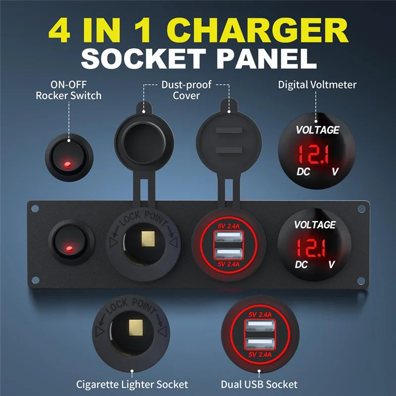 

ABGR-4 в 1 USB-панель 12 В + светодиодный вольтметр и двойная USB-разъем для зарядного устройства, розетка для прикуривателя и панель переключателя Toogle