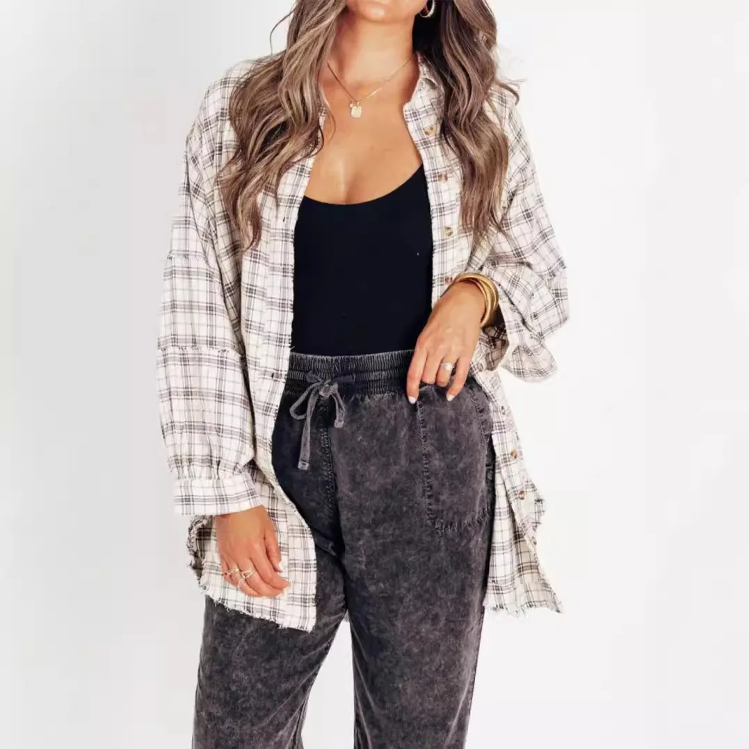 Camicette Camicia da donna Colletto rovesciato Top a maniche lunghe Casual Allentato Y2k Streetwear Elegante giuntura scozzese Vita alta Lavoro 2025