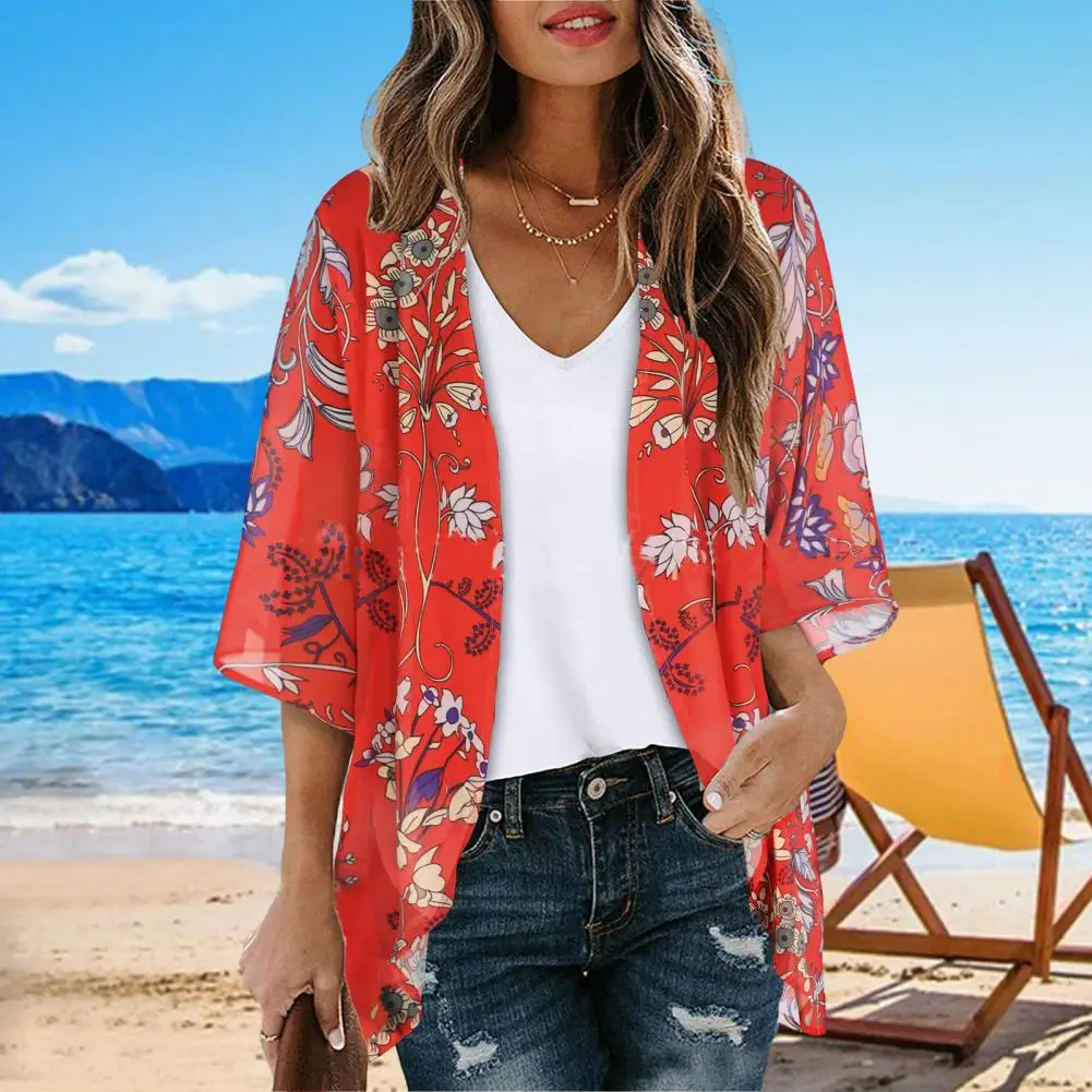 Dames strandshirt bloemenprint korte mouw open steek ademend vest zon anti UV losse dame strand cover-up top