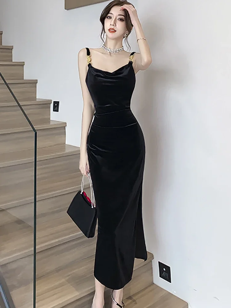 Black Velvet Backless Sexy Sling Slit Long Dress for Women Autumn Winter Elegant Dance Party Dress 2024 Korean Vintage Vestidos