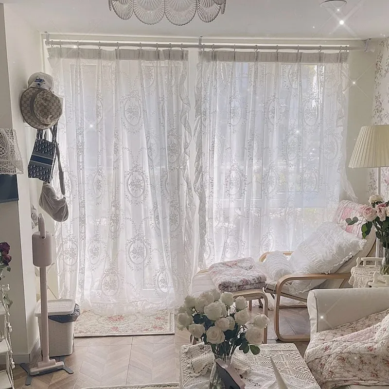 Pastoral Style Rococo Retro Luxury Velcro Lace Tulle Curtain White Gauze Door Customize Embroidered Fabric for Bedroom Window