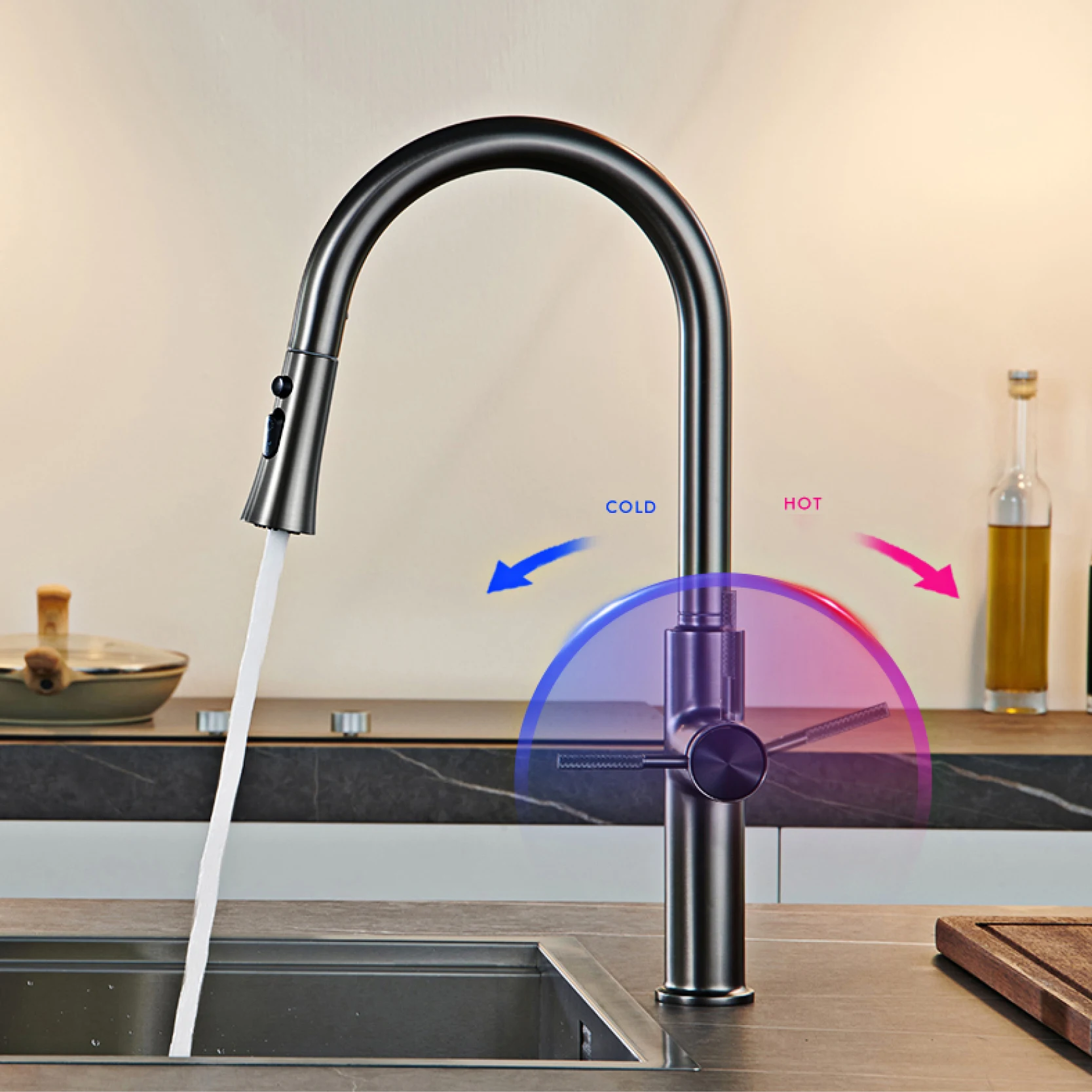 Simple Single Handle Hot and Cold Water 3-Function Modern Sink Faucet Pull out Design Gun Grey Kitchen Faucet