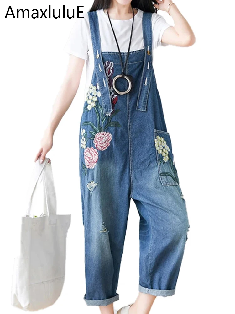 

Amax LuluE 2024 Fall Womens Casual Embroidery Overalls Korean Style Ladies Flower Design Loose Vintage Denim Pants Elegant Jeans