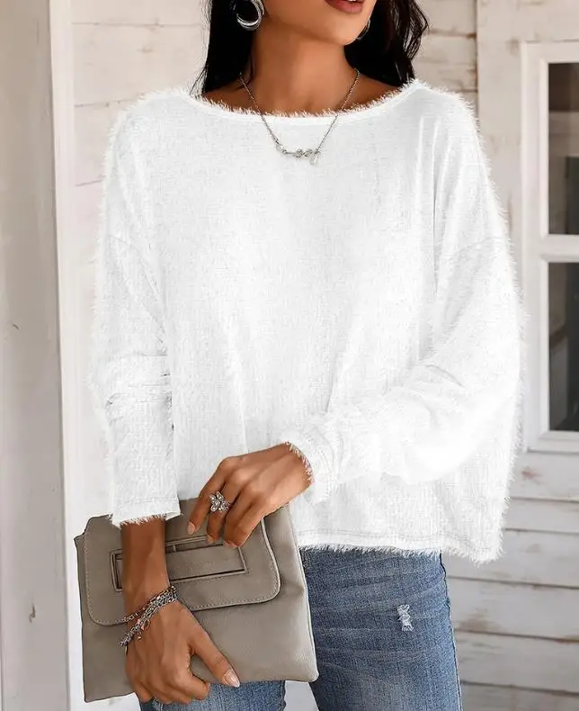 Fashion Woman Blouse 2023 Spring Beaded Strap Twisted Backless Casual Round Neck Plain Long Sleeve Daily Basic Fuzzy Tee Top