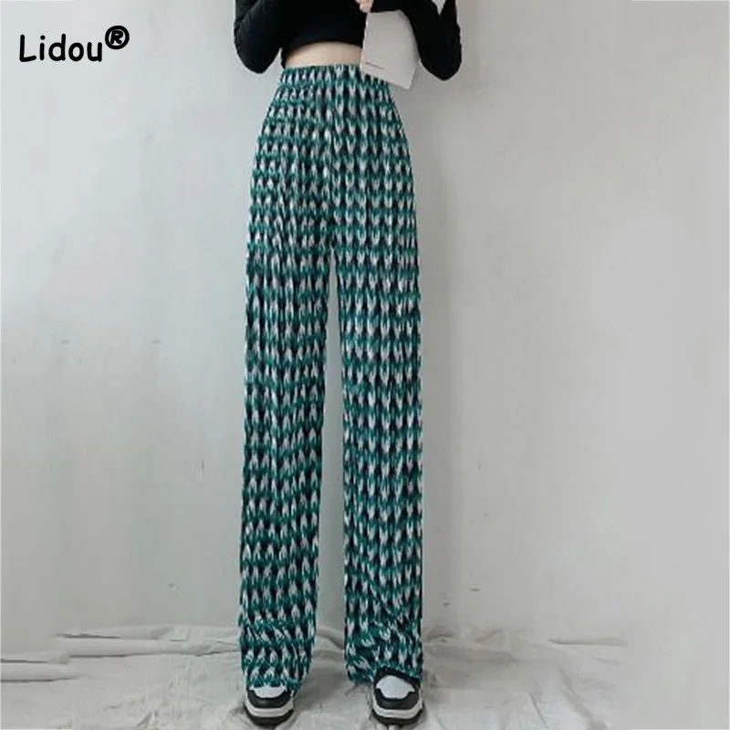 Personality Street Rhombic Lattice Print Drape Straight Trousers Harajuku Pleated Elastic Higt Waist Women Wide Leg Pants Trend