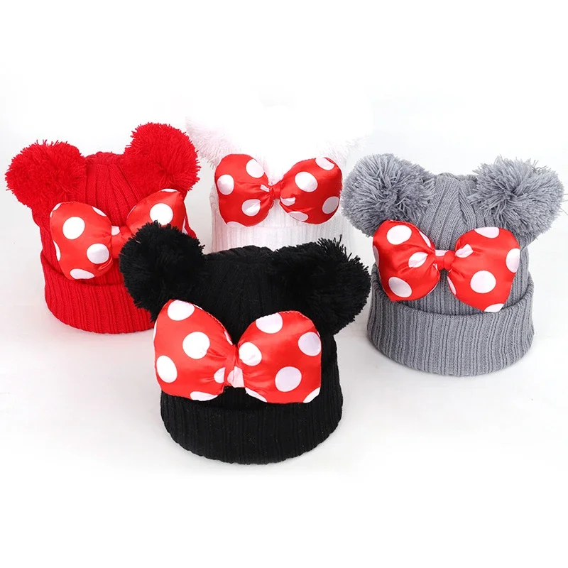 Autumn Winter Anime Cartoon Disney Mickey Mouse Minnie Wool Warmth Knitted Hat Cute Bow Kids Hip Hop Pullover Hat Beanies