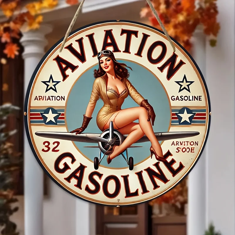 

Vintage Aviation Gasoline Girl 2D Wooden Wall Art - Retro Floral Wreath Sign for Home, Cafe, Bar, Dorm Decor