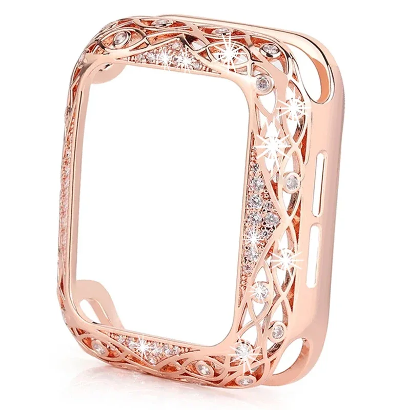 Carved Copper Luxury Bumper for Apple Watch Case 44mm 45mm 41mm 40mm Diamond Bling Cover for iWatch Series 9/8/7/SE/6/5/4/3