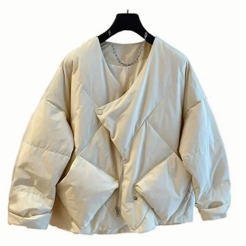 High-end Design Irregular Cotton Jacket Women Winter New Loose Zipper Womens Coat Basic V-neck Woman Outwear