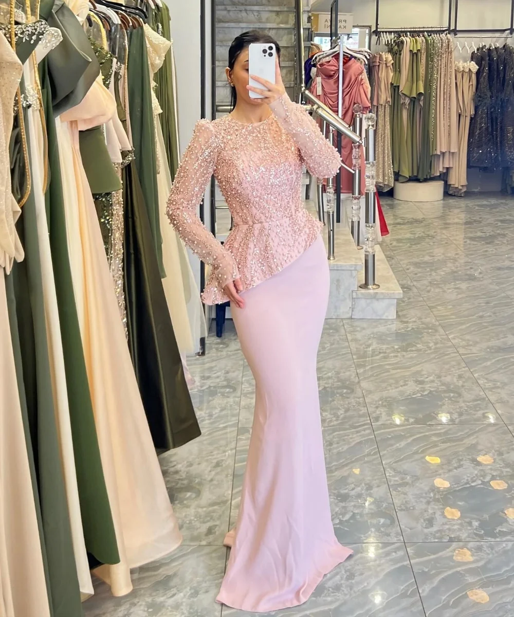 

Customized High Quality Jersey Pleat Sequined Mermaid O-Neck Long Dresses Bespoke Occasion Sizes Available Intricate