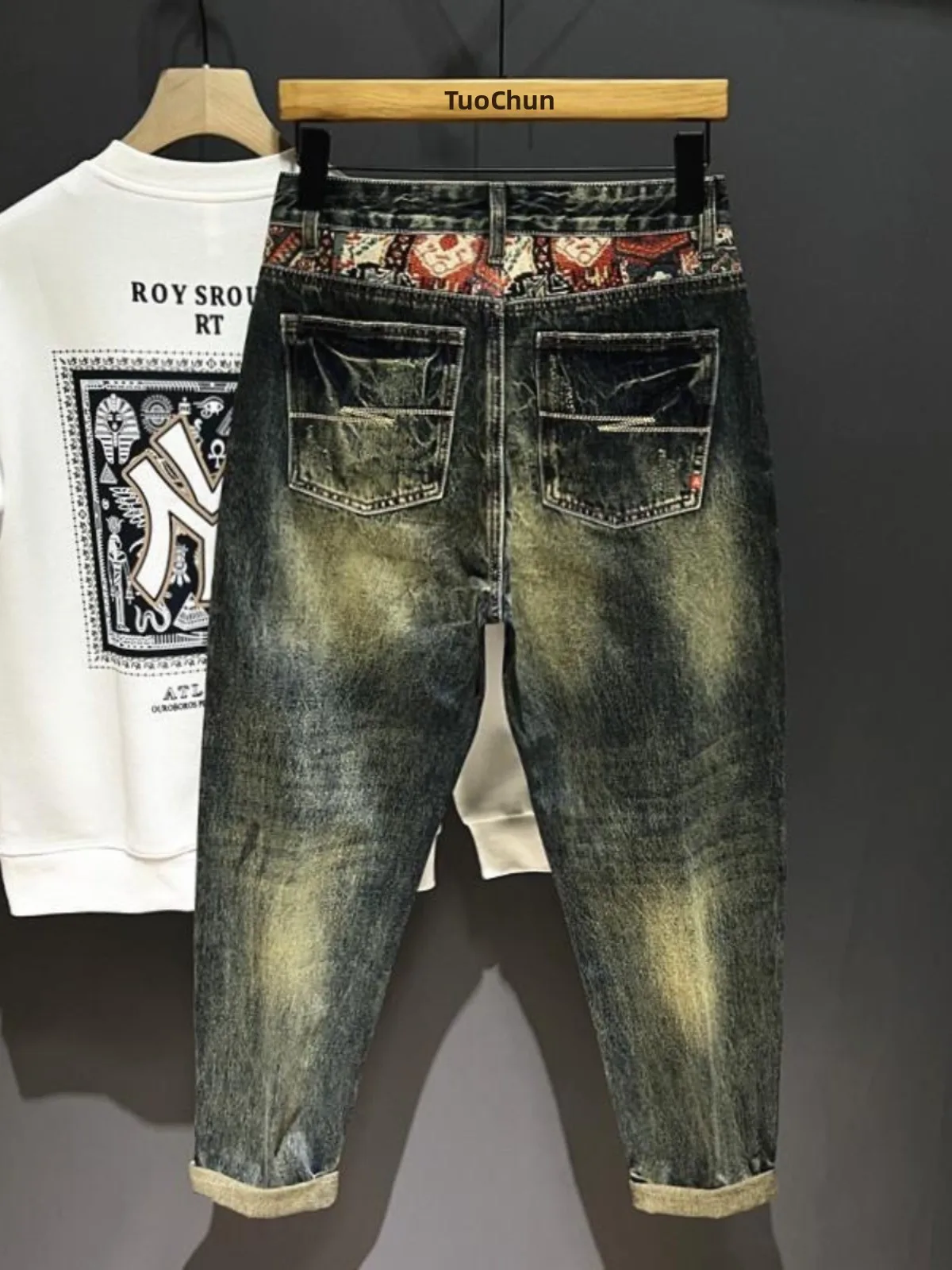 

Retro American Men's Jeans Straight Leg Yellow Mud Color Waed Wear Resistant Workwear Cotton Elastic mid Waist Zipper