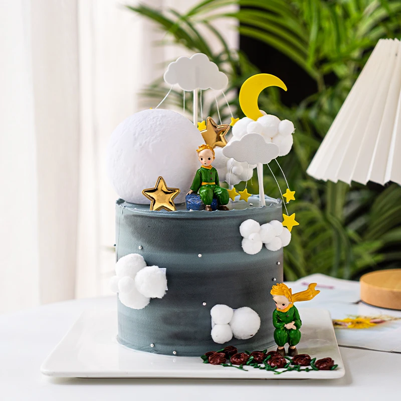 Boy Birthday Cake Topper Decorations Little Prince Moon Ball Lamp Hair Clouds Kids Gifts Party Dessert Baking Dress Up Supplies