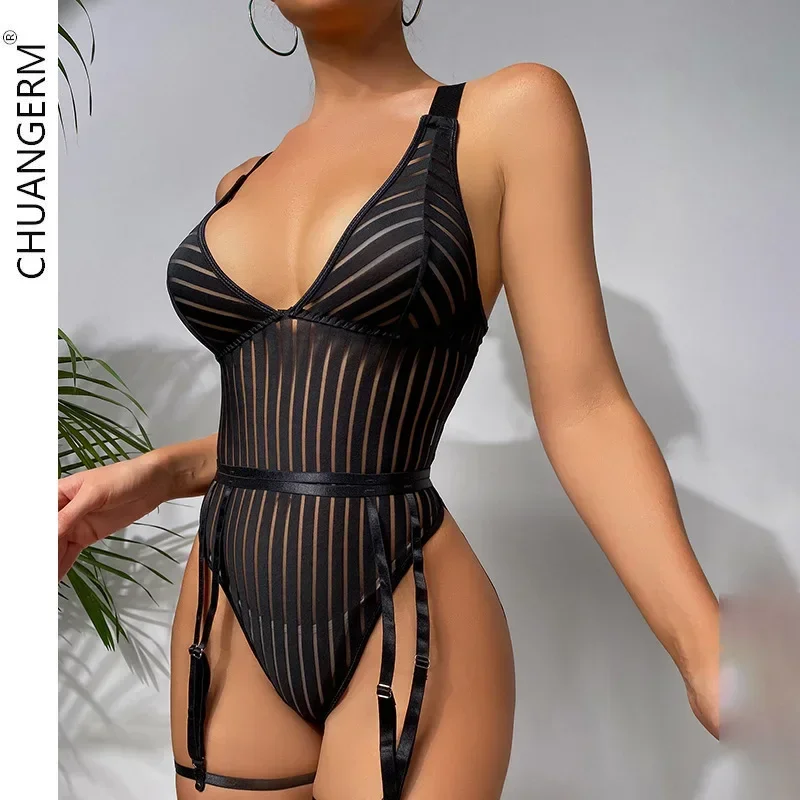 

CHUANGERM Stripe Sexy Lingerie Hot See-through Mesh Erotic Backless Bra Set Hot Women's Underwear Onlyfans Body Shaping Jumpsuit