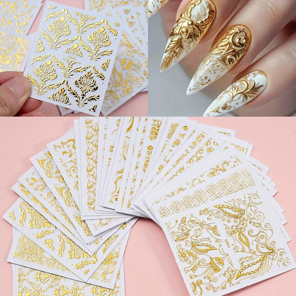 30 Blatt Spitzen-Maniküre-Aufkleber, 3D-Maniküre-Aufkleber-Set, selbstklebende Maniküre-Aufkleber, glänzende Oberfläche, Pflanzenmotiv