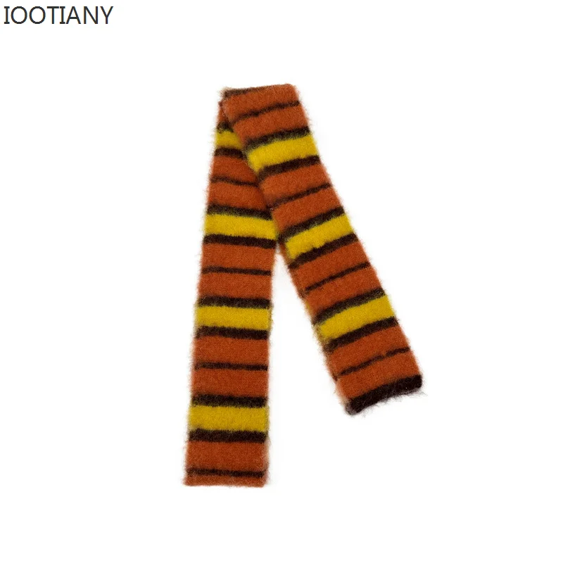 New Autumn And Winter Double-layer Warm Woolen Scarf Fine Narrow Collision Striped Knitted Small Scarve Female Sweet Ring Shawl