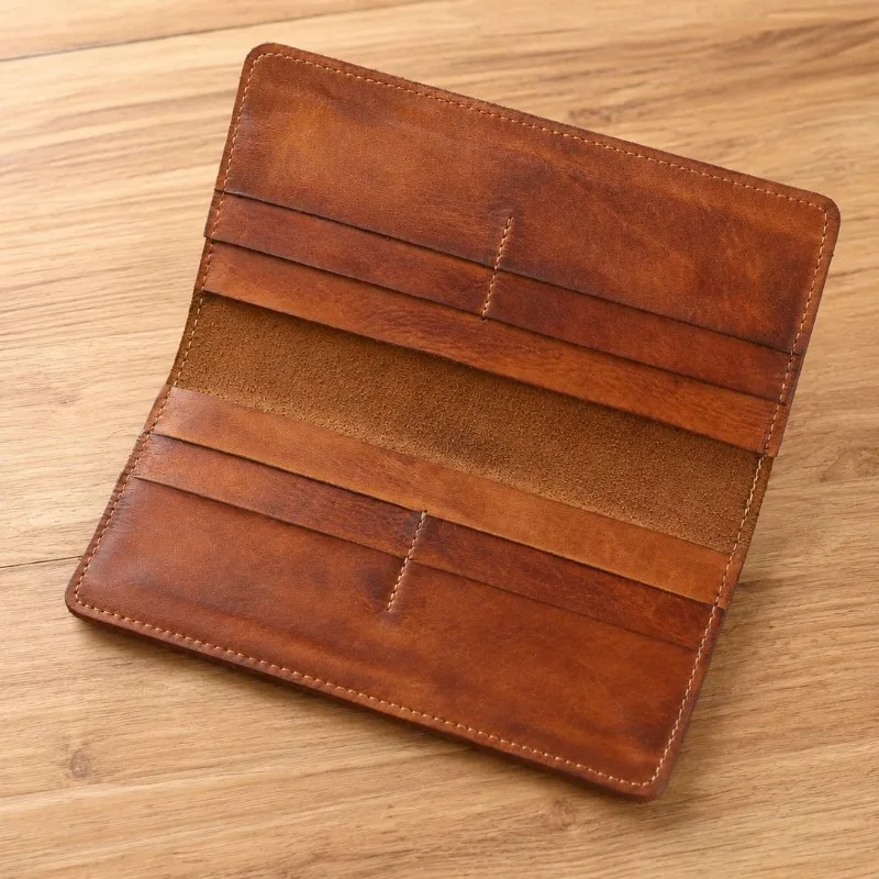 Men's Genuine Leather Retro Bifold Wallet Multi‑Slot Credit Card Organizer Long Cash Purse Classic Ultrathin Billfold for Men
