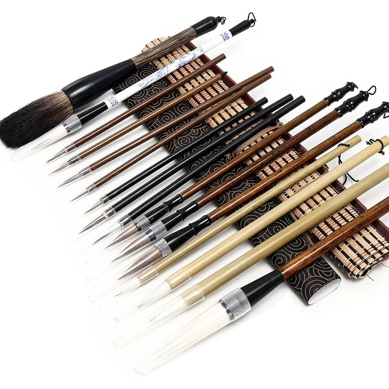 18Pcs Chinese Calligraphy Brushes Set With Writing Paper Roll-Up Brush Holder Shanlian Hubi Writing Brush Kanji