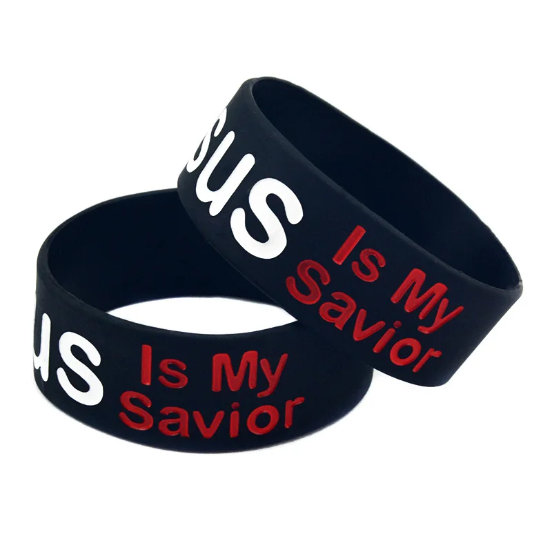 25 Stück Schwarzes Silikonarmband mit einem Zoll breitem Band, Jesus ist mein Erlöser, Glaubens-Thema, Gummiarmreif – Detail 4