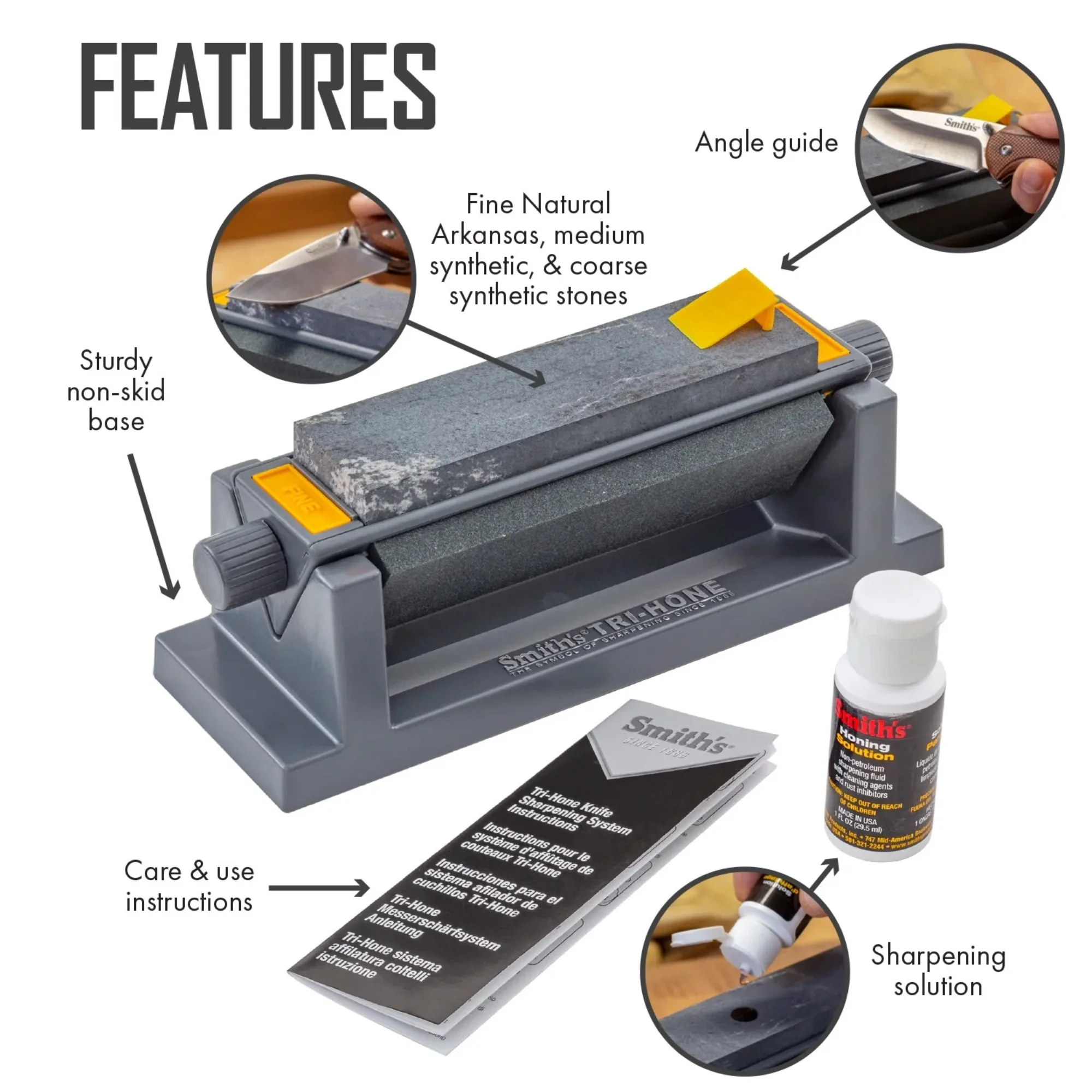 トライホーン砥石研ぎシステム、ポケットナイフ、狩猟用ナイフ、バックナイフ、釣り用ナイフ、キッチンナイフ、各種ツールに使用。