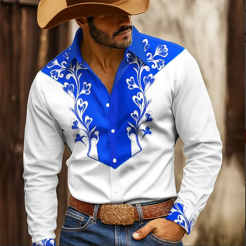 Men's 3D rose print ethnic shirt Western style shirt Cowboy shirt Long sleeved retro outdoor vacation top