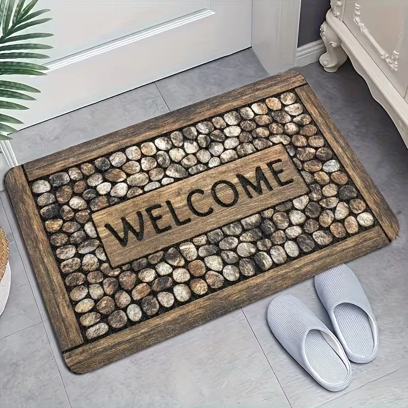 Rustic Stone Pebble Welcome Doormat Vintage Wooden Print Floor Rug Farmhouse Entrance Door Mat for Indoor Outdoor Front Decor