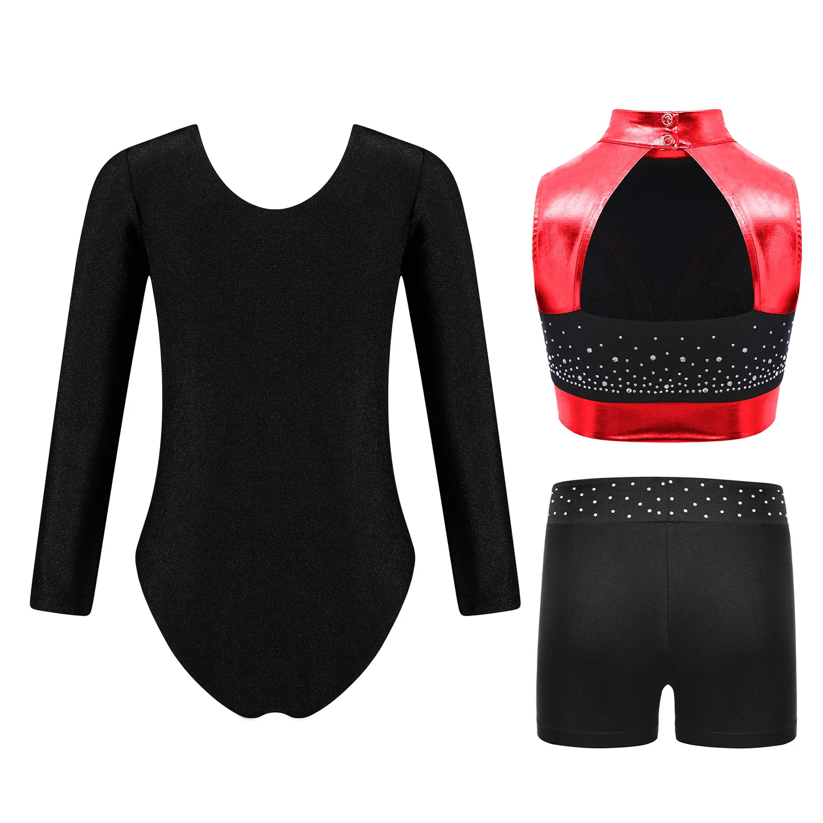 3피스 어린이 소녀 체조 댄스 복장 긴 소매 메탈릭 샤이니 레오타드+샤이니 라인스톤 메탈릭 탱크 크롭 탑+반바지
