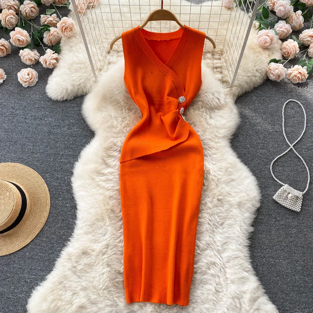YuooMuoo Women Dress Summer Elegant Buttons Slim Waist Knitted Bodycon Dress Lady Sleeveless Package Hips Party Vestidos