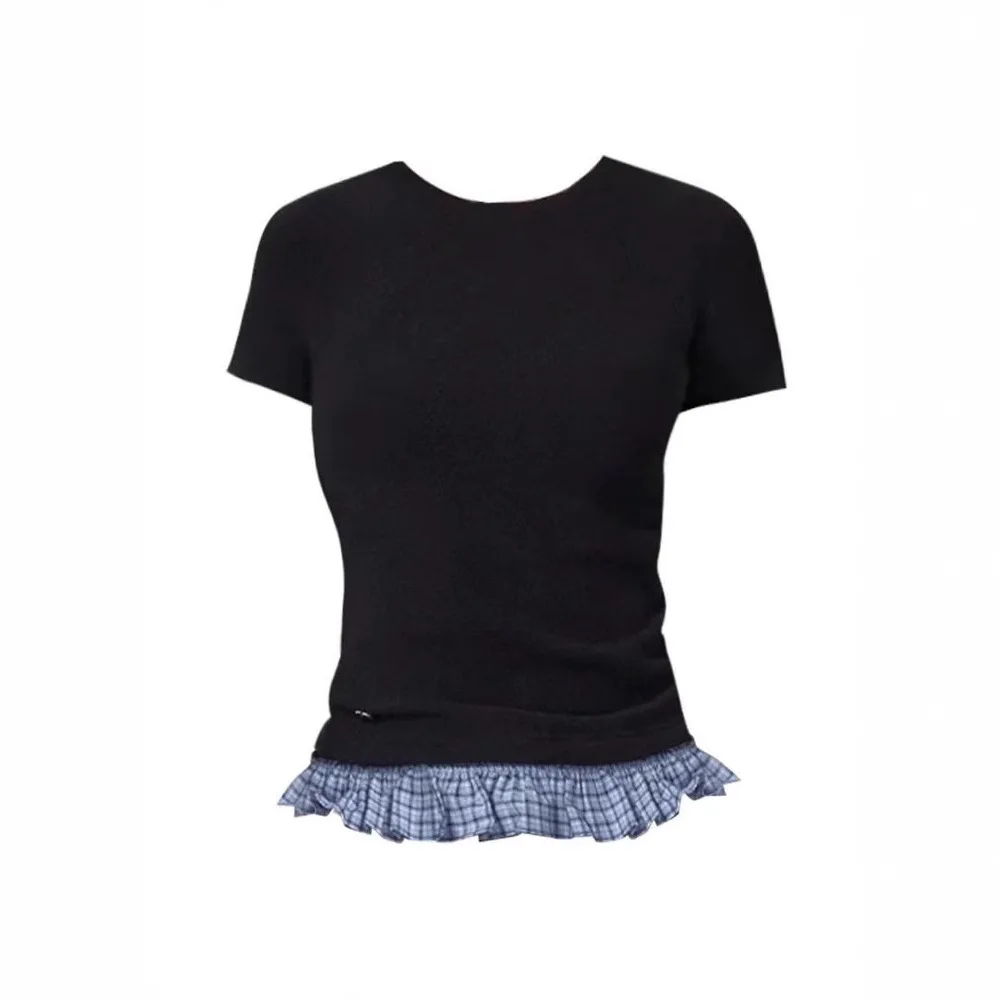 Black fake two piece lace shoulder short sleeved T-shirt for women's summer slim fit short style with bottom half sleeved top