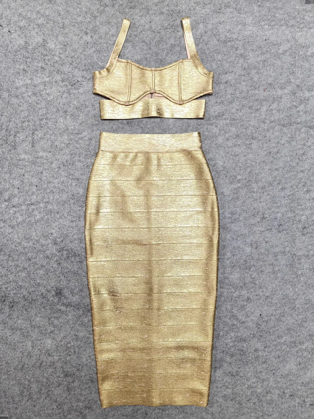 الفاخرة الأميرة ضمادة مساء مجموعات عالية الجودة الذهب الممعدنة طويلة سبليت مثير المرأة ثقب المفتاح الترتر المحاصيل الأعلى تنورة