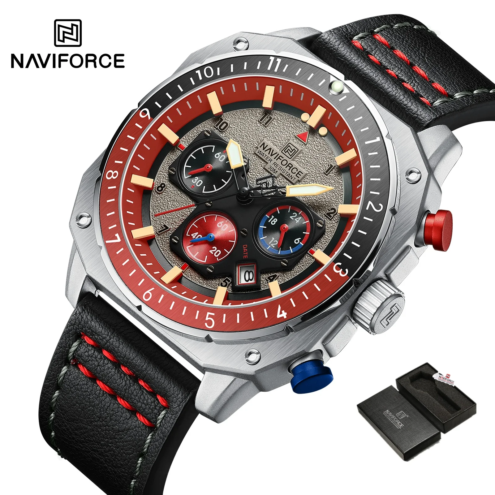 NAVIFORCE Sport-Multifunktions-wasserdichte Uhren für Herren, modisches Leder, Luxusmarke, Quarz, analog, leuchtend, quadratisch, Armbanduhr 6