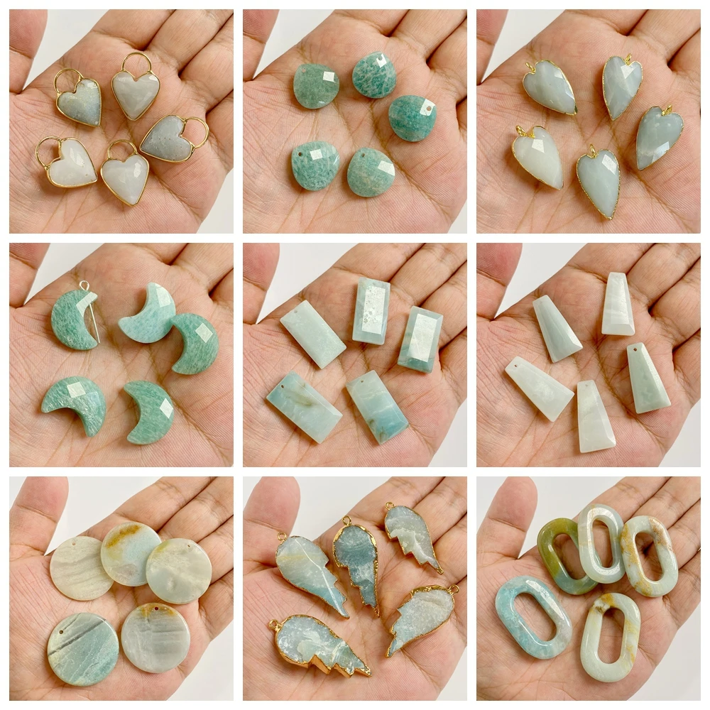 1PC High Quality Natural Amazonite Gems Charm Pendant Round Rectangular Moon Shape Stone Connector Pendant for Jewelry Making