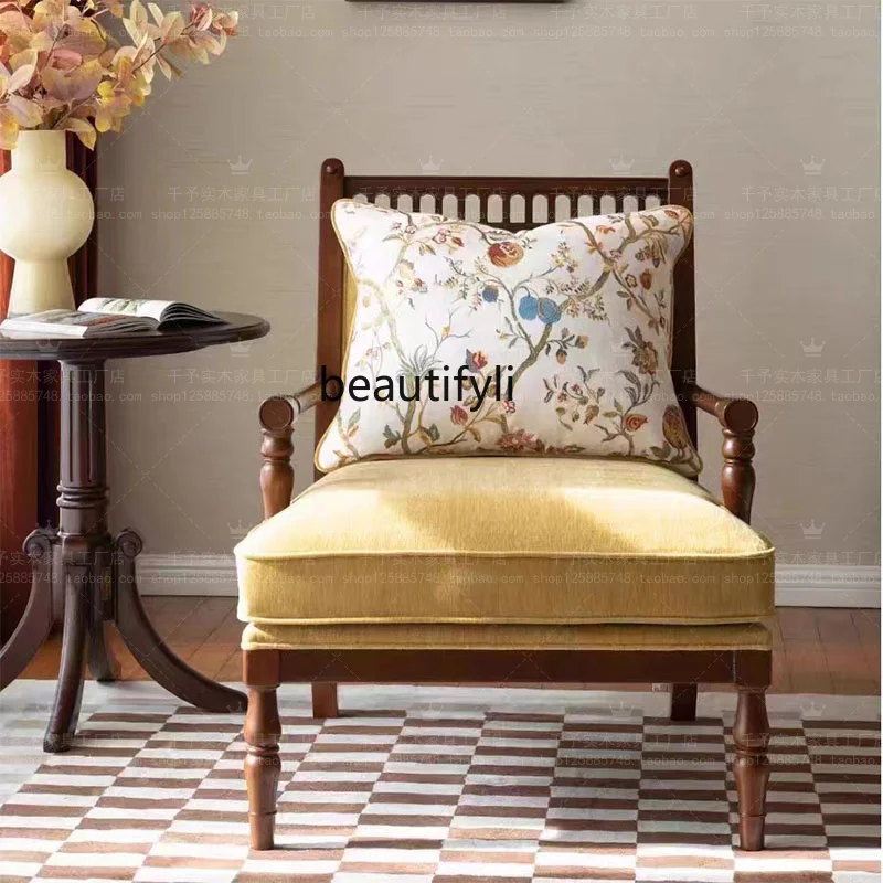 

American Simple Solid Wood Carving Fabric Single Leisure Couch Bedroom Balcony Reception Wingback Chair furniture