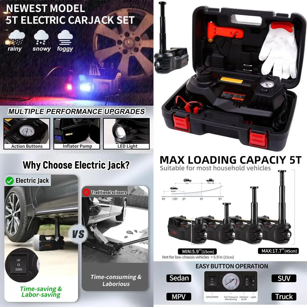 

12 В 5-тонный портативный электрический гидравлический автомобильный домкрат с накачивателем шин, светодиодной подсветкой, для внедорожника, седана, грузовика