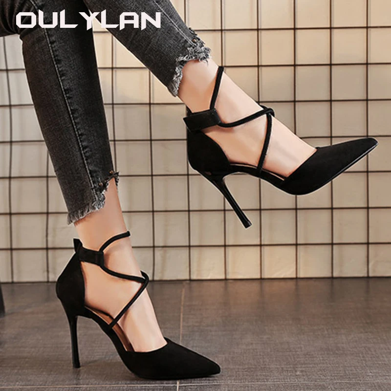 2024 European And American Suede Pointed High-Heeled Shoes With Crossed Ankle Straps, Women's Feel, Slim Heels, Women's Sandals