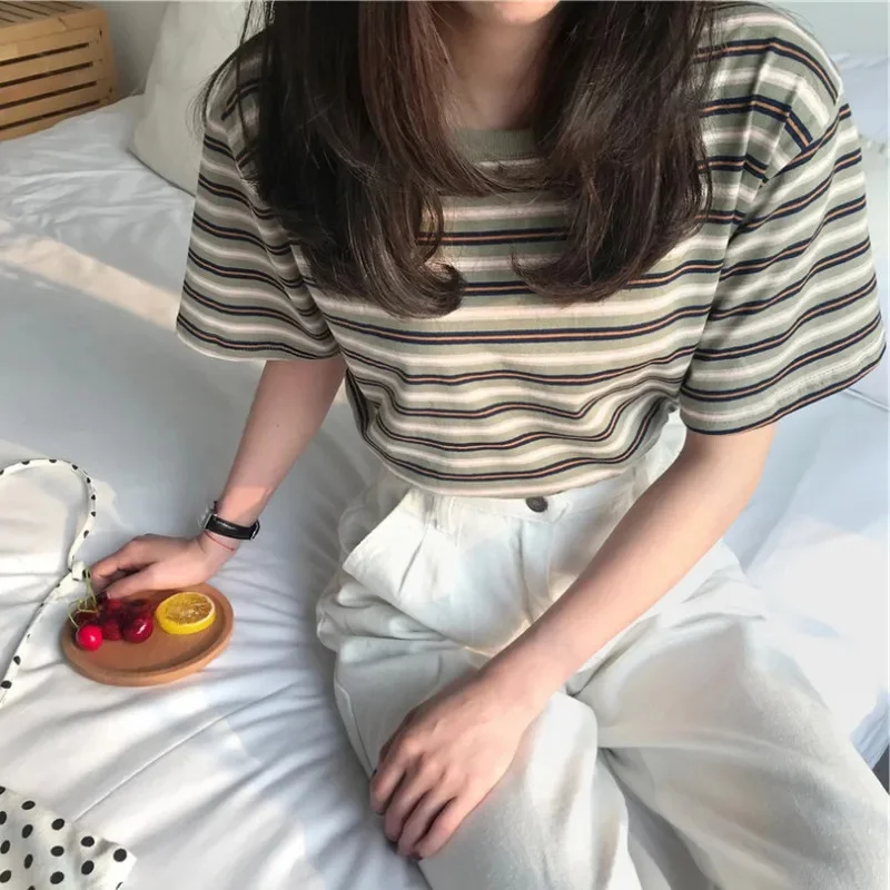 Slimming Striped Short Sleeve T-Shirt Women's Loose Base Shirt Korean Style Summer 2022 New Fashion Crew Neck Top