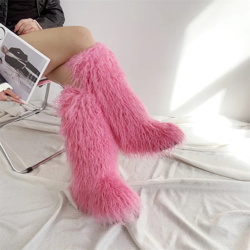 

New High Tube Knee Boots Snow Boots For Women's Warmth Long Plush Fleece Faux Beach Wool Trendy Fur Shoes