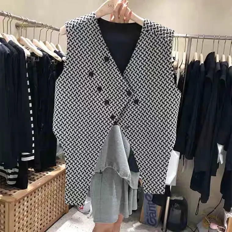 Summer Urban Leisure Women's V-neck Design Checkerboard Vintage Vest  casacos de inverno feminino  vest  Button  Streetwear