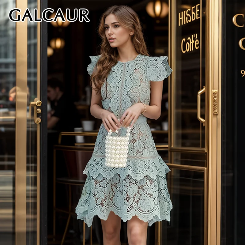 GALCAUR Embroidery Sheer Mini Dress For Women O Neck Flying Sleeve Wave Cut Hem Spliced Zipper Dresses Female Clothes Autumn New