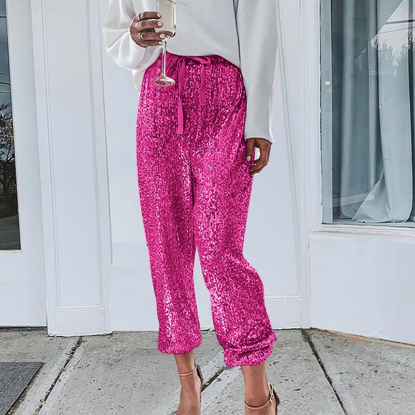 Women's Shiny Sequined Pants Fashion High Waist Baggy Trousers Streetwear Sparkly Glitter Casual Ladies Pantalones